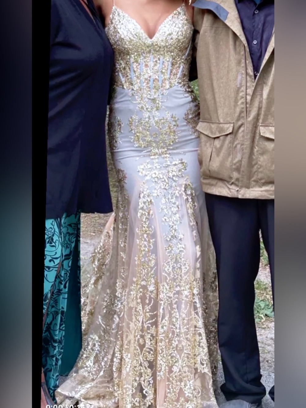 Gold Embellished Ivory Evening Prom Dress with Lace Appliqué